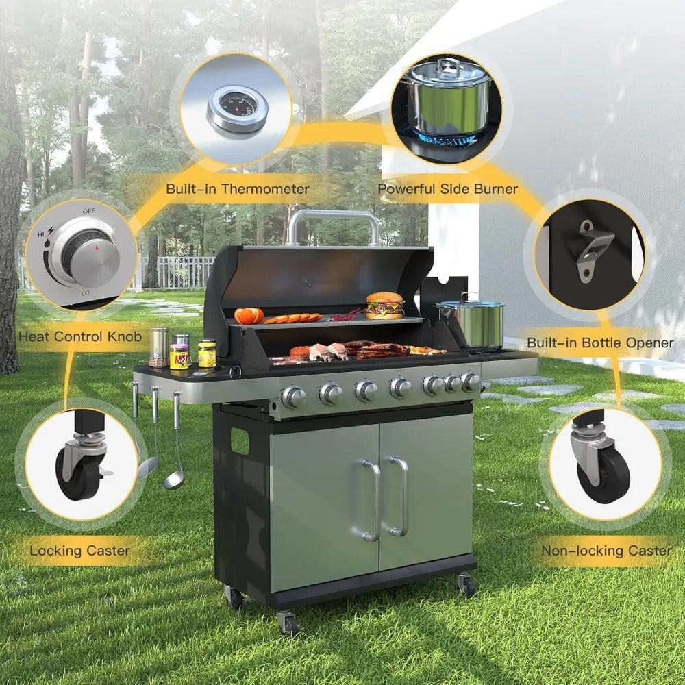 6-Burner Propane BBQ Grill with Side Burner – 65,500 BTU Outdoor Gas Grill with Cast Iron Grates & Prep Space