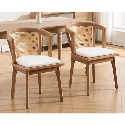 Mid-Century Modern Rattan Dining Chairs Set of 4 – Wooden Farmhouse Cane Back Chairs with Beige Linen Upholstery