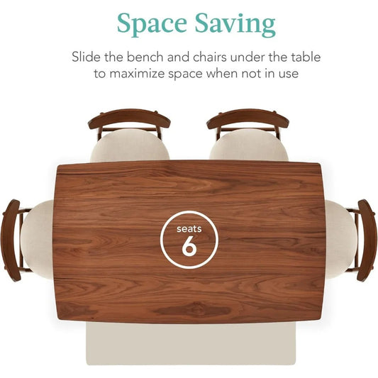 6-Piece Mid-Century Dining Set – Walnut Table with Upholstered Chairs & Bench