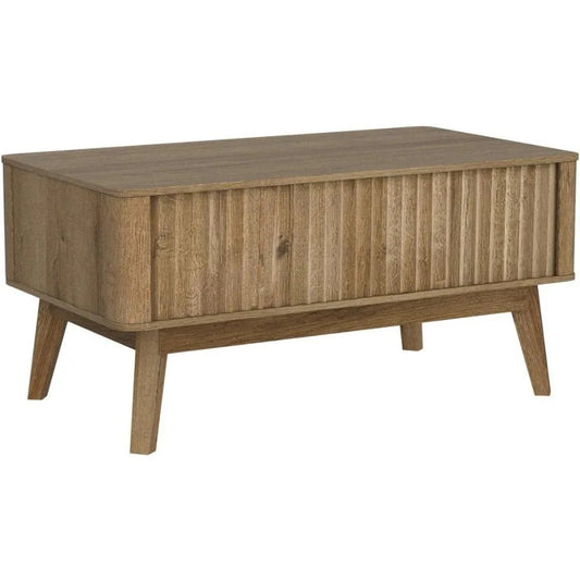 Lift-Top Coffee Table with Hidden Storage – 36" Rectangular Fluted Accent Table, Mid-Century Modern Design in Golden Oak