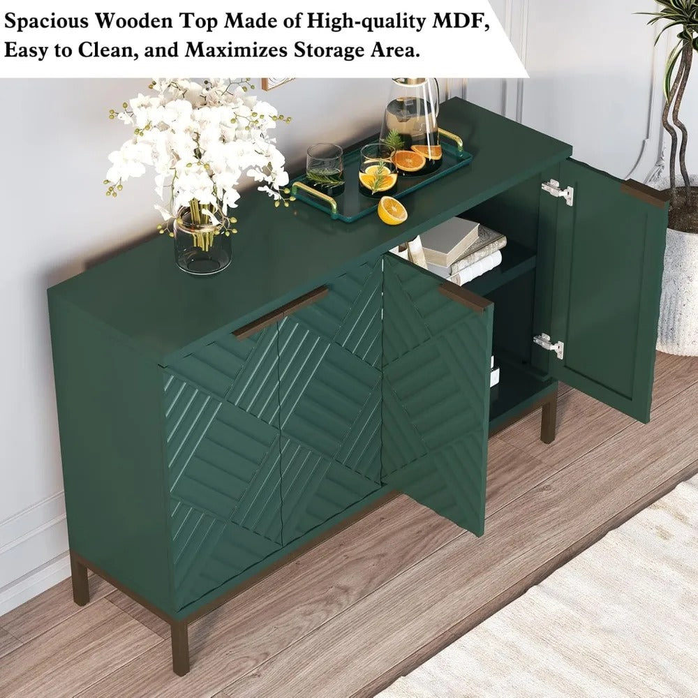 Green Fluted Sideboard Buffet – 47" Modern Storage Cabinet with 4 Doors & Bronze Metal Legs for Dining Room & Entryway