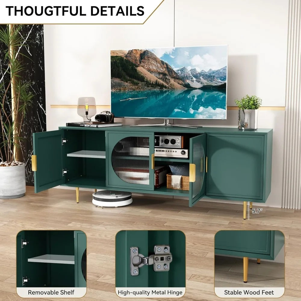 Modern 66" TV Stand for Up to 75" TVs – Green Entertainment Center with Glass Doors, Gold Legs & Storage Cabinets