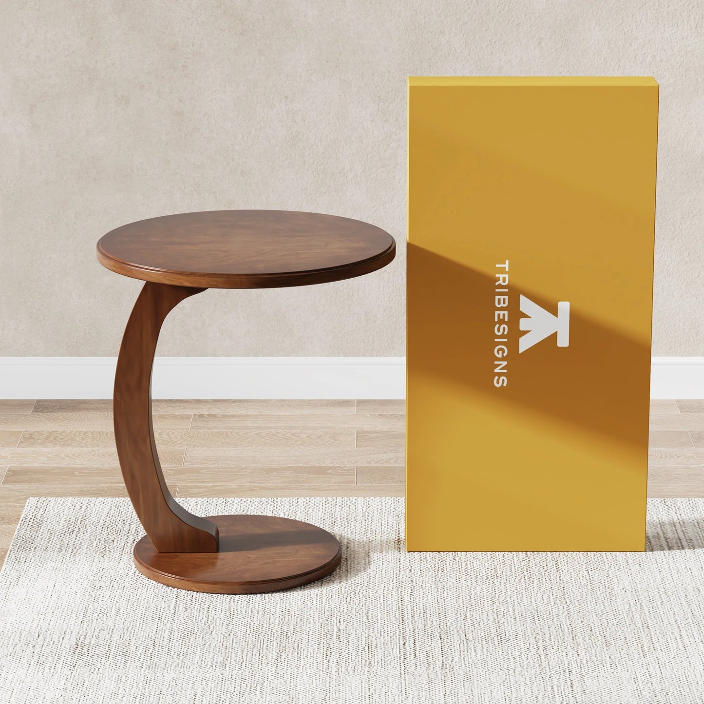 C-Shaped Round End Table – Retro Wood Side Table for Couch, Bed, or Living Room