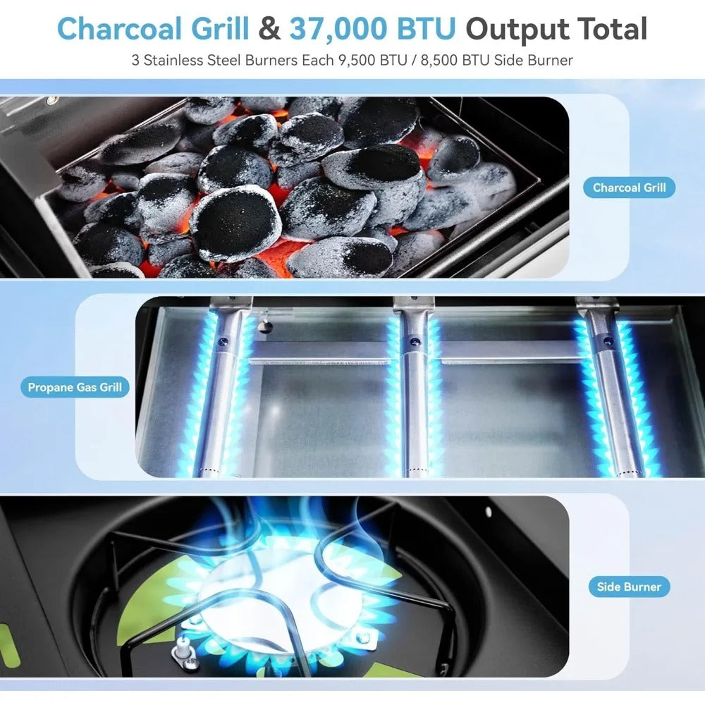 3-Burner Gas & Charcoal Grill Combo with Side Burner, 685 sq.in Cooking Area, 37,000 BTUs, Cast Iron Grates, Built-in Thermometer