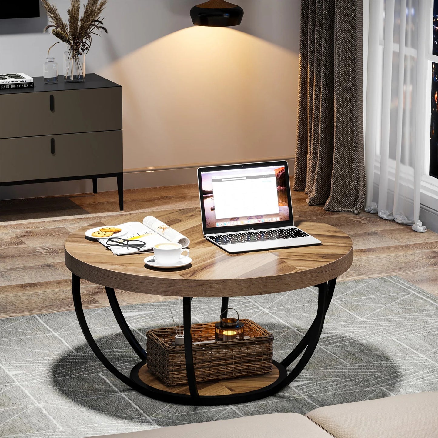 Modern Round Coffee Table with Storage – 2-Tier Wooden Circle Table for Living Room or Office