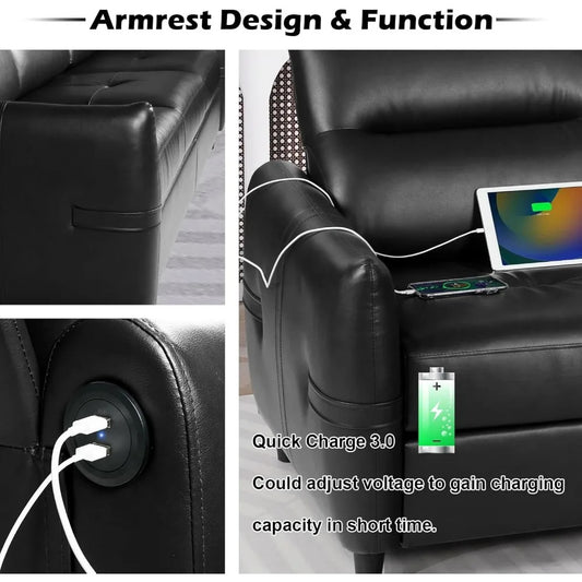 85” Faux Leather Sofa with USB Ports – Mid-Century Modern 3-Seater Couch, Scratch-Resistant Black Leather Sofa for Living Room or Office