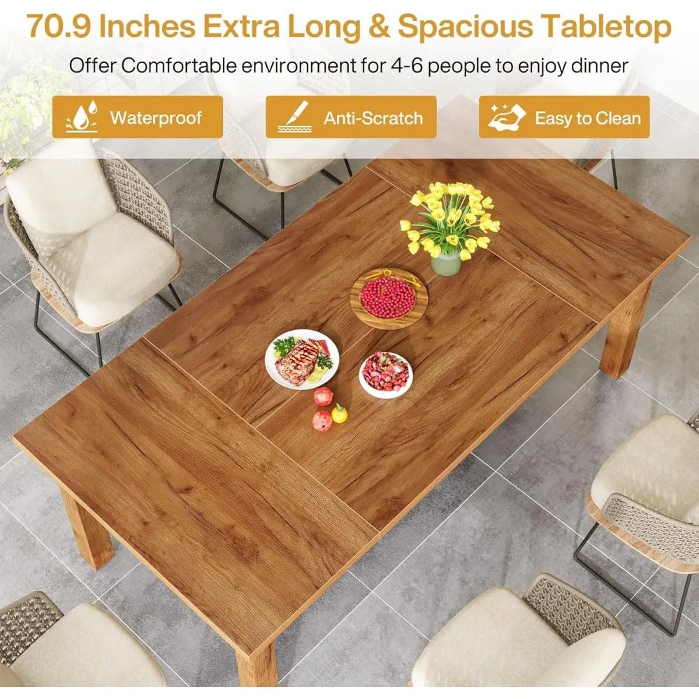 70.87" Rectangular Wood Dining Table for 6–8 People – Farmhouse Kitchen Table with Solid Wood Legs, Spacious Design for Dining Room or Kitchen