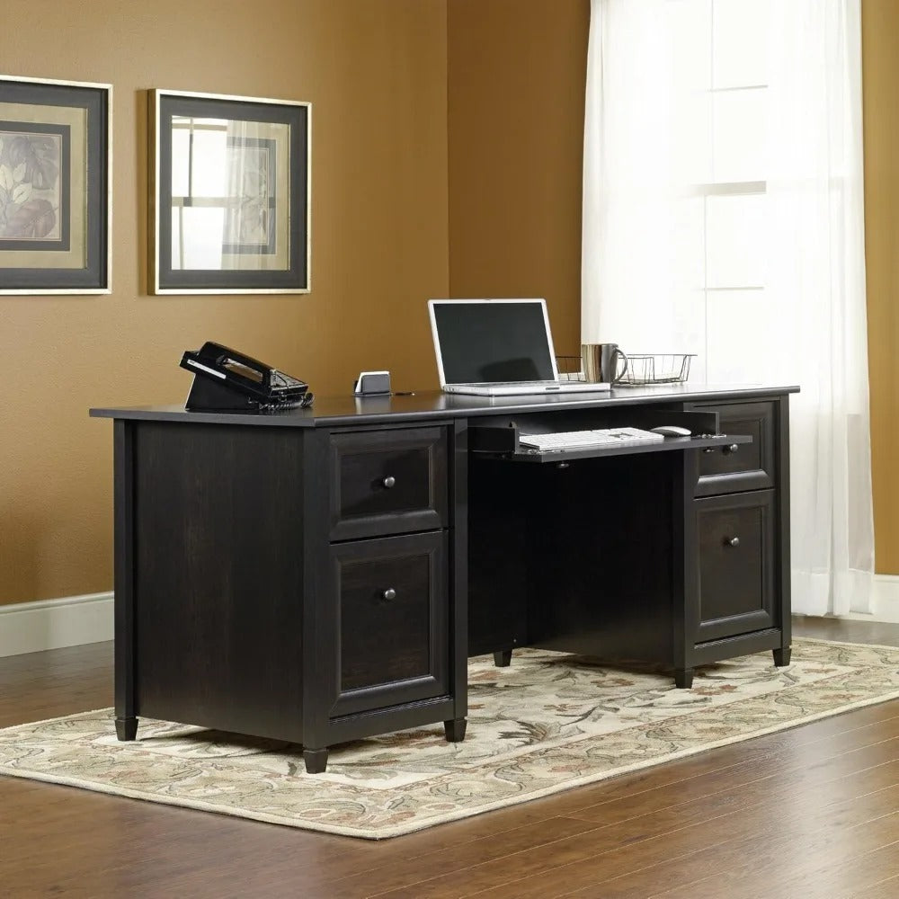 Edge Water Executive Desk with File Drawers & Keyboard Tray – 65” Estate Black Office Desk with Storage