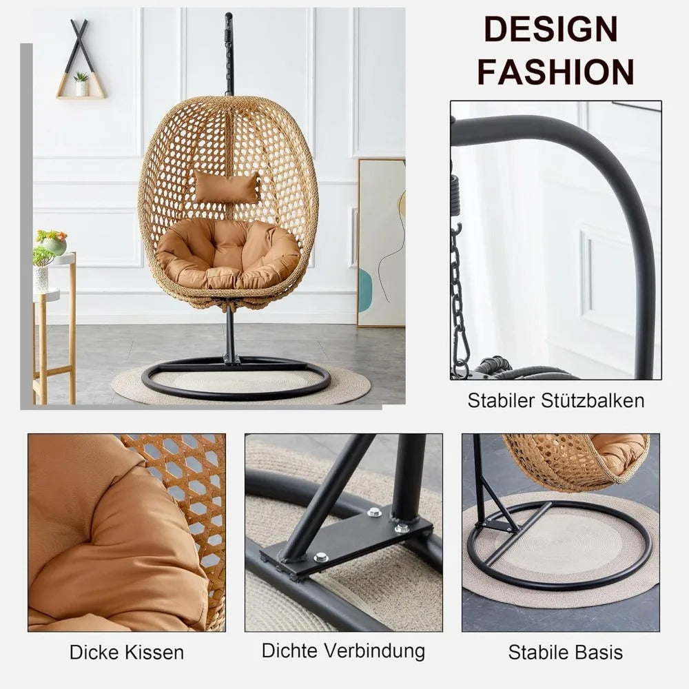 Hanging Egg Swing Chair with Stand & Cushion – Foldable Rattan Basket Lounge for Indoor/Outdoor Relaxation (Khaki Yellow)