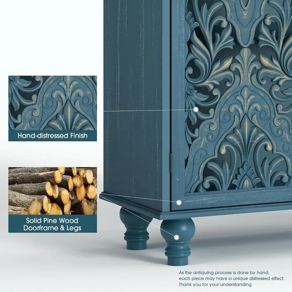 Carved Blue Accent Cabinet with Doors – 47" Farmhouse Storage Cabinet with Solid Wood Legs for Entryway, Bedroom & Living Room