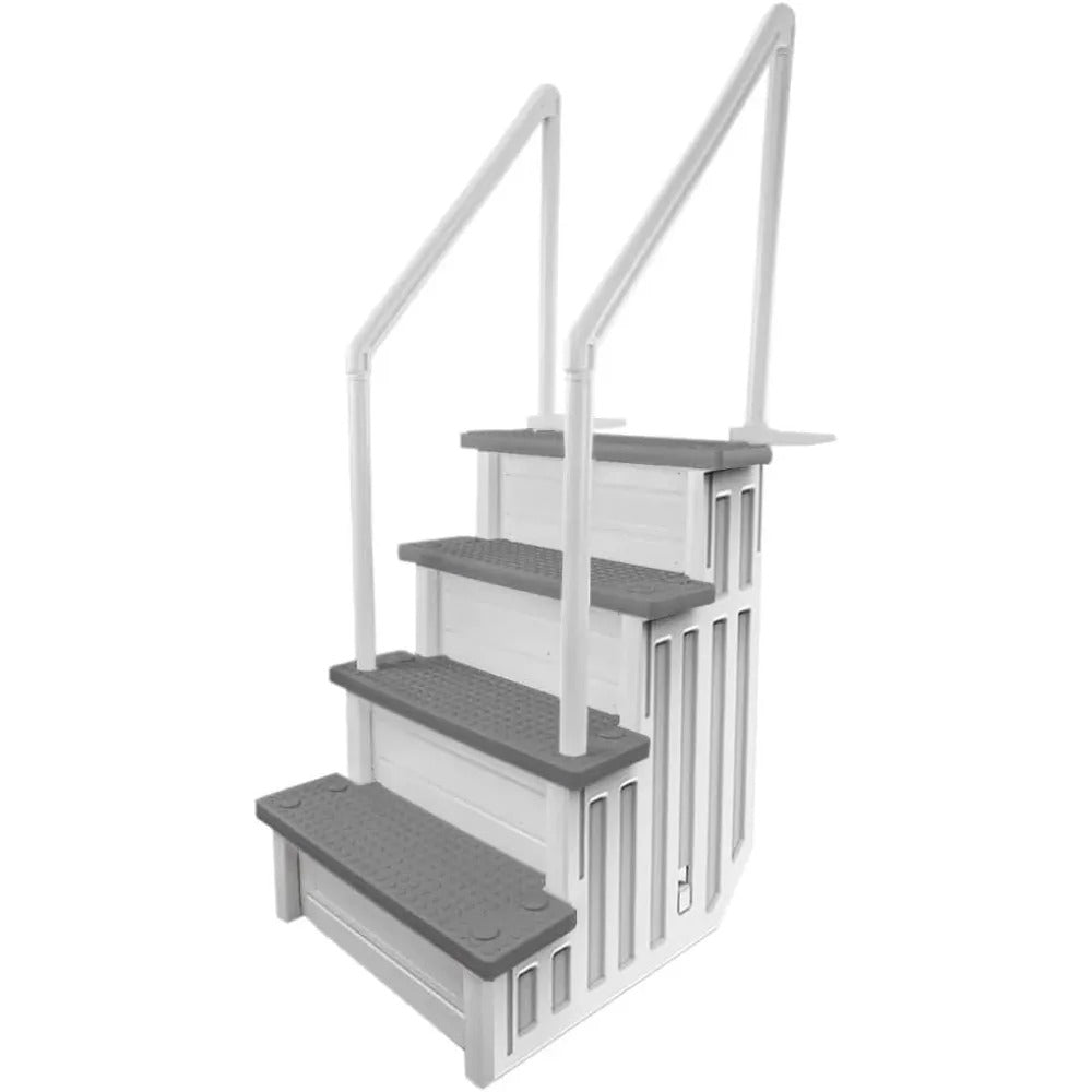 Anti-Slip In-Pool Step System with Flip-Up Outside Ladder – White/Gray for Above Ground Pools with Decks up to 54"