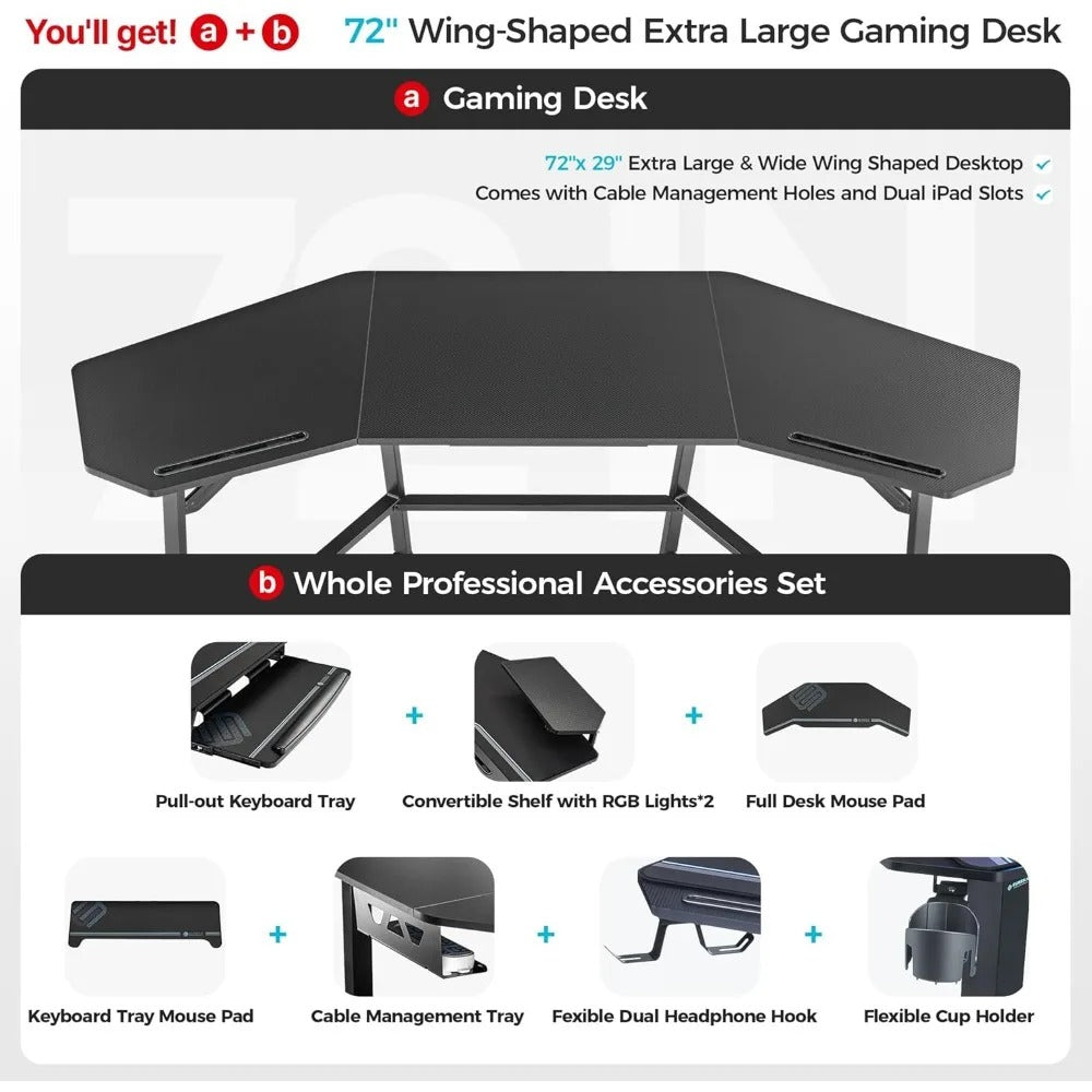 72" Wing-Shaped Gaming Desk with RGB Lights, Monitor Stands, Keyboard Tray & Cup Holder