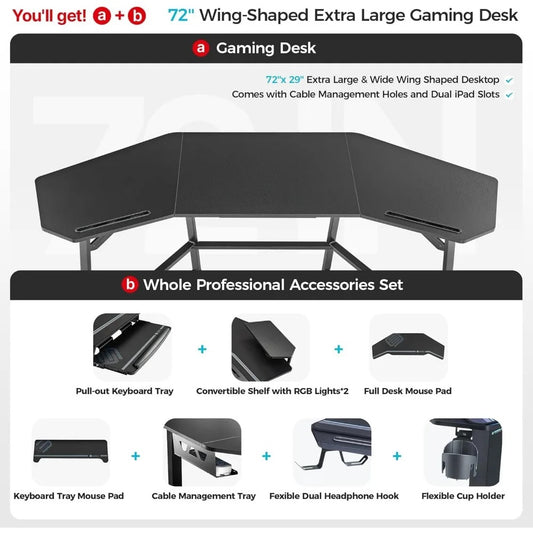 72" Wing-Shaped Gaming Desk with RGB Lights, Monitor Stands, Keyboard Tray & Cup Holder