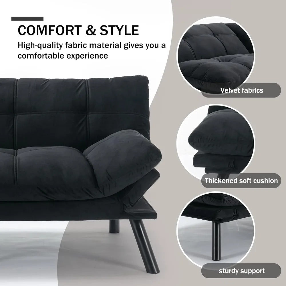 2-in-1 Velvet Convertible Futon Sofa Bed with Adjustable Backrest – Memory Foam Loveseat for Small Apartments, Bedrooms, or Offices