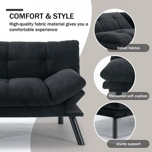 2-in-1 Velvet Convertible Futon Sofa Bed with Adjustable Backrest – Memory Foam Loveseat for Small Apartments, Bedrooms, or Offices