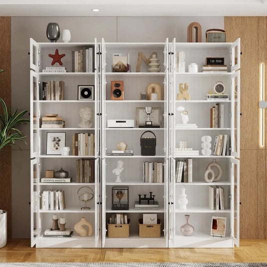 85.5" Tall White Curio Cabinet with Glass Doors – 7-Tier Bookcase & Display Shelf for Living Room, Kitchen, or Office