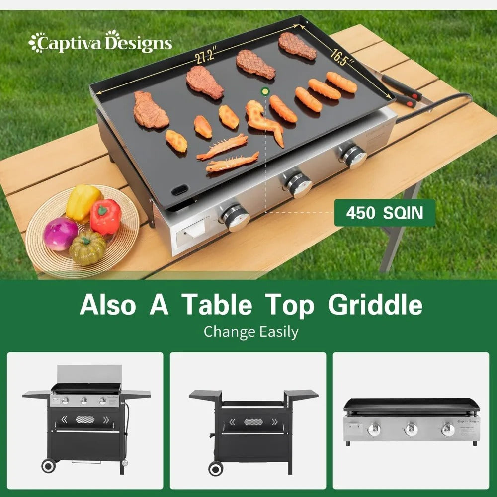 3-Burner 27" Propane Flat Top Griddle Grill with Ceramic Coated Cast Iron Pan – 33,000 BTUs