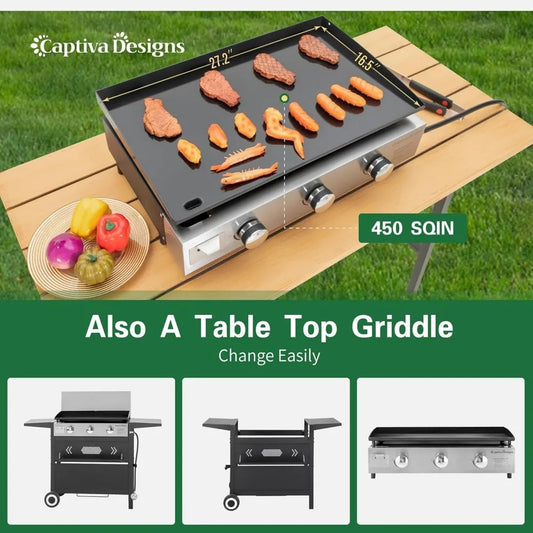 3-Burner 27" Propane Flat Top Griddle Grill with Ceramic Coated Cast Iron Pan – 33,000 BTUs