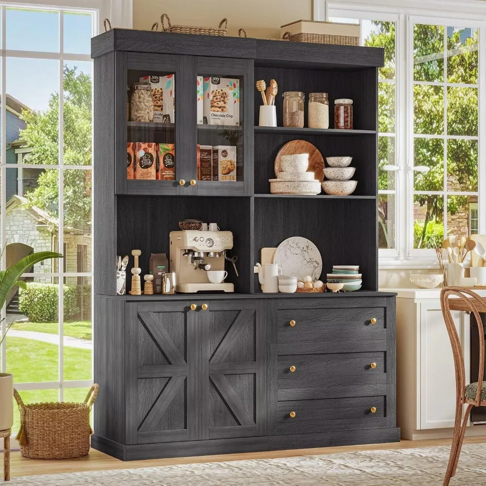 71" Tall Farmhouse Storage Cabinet with Glass Doors & Drawers – Modular Bookcase with Countertop & Adjustable Shelves