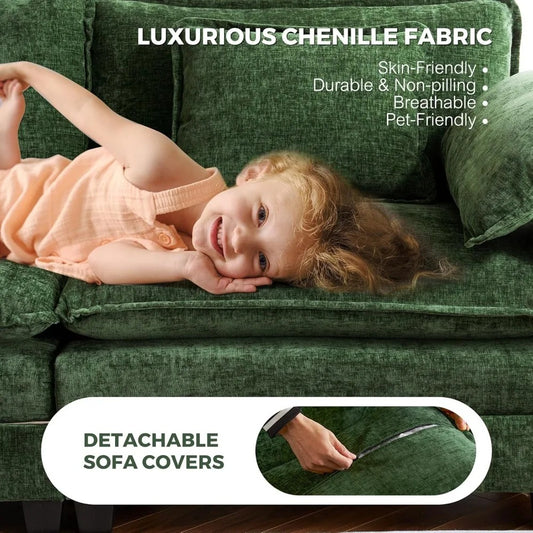 113" Modular L-Shaped Cloud Sofa with Ottoman, Deep Seat Sectional for Living Room – Green