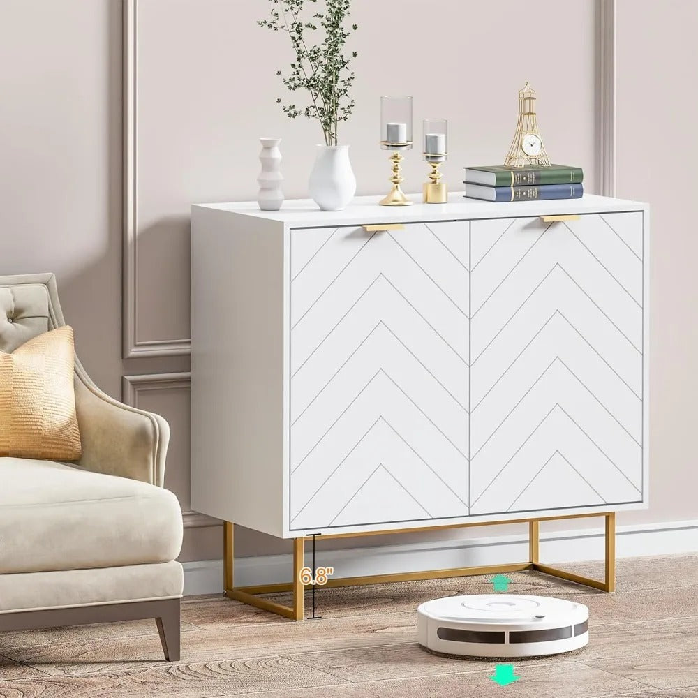 Modern White Sideboard Buffet with Gold Legs – Herringbone Design, Adjustable Shelf, Multi-Purpose Storage Cabinet
