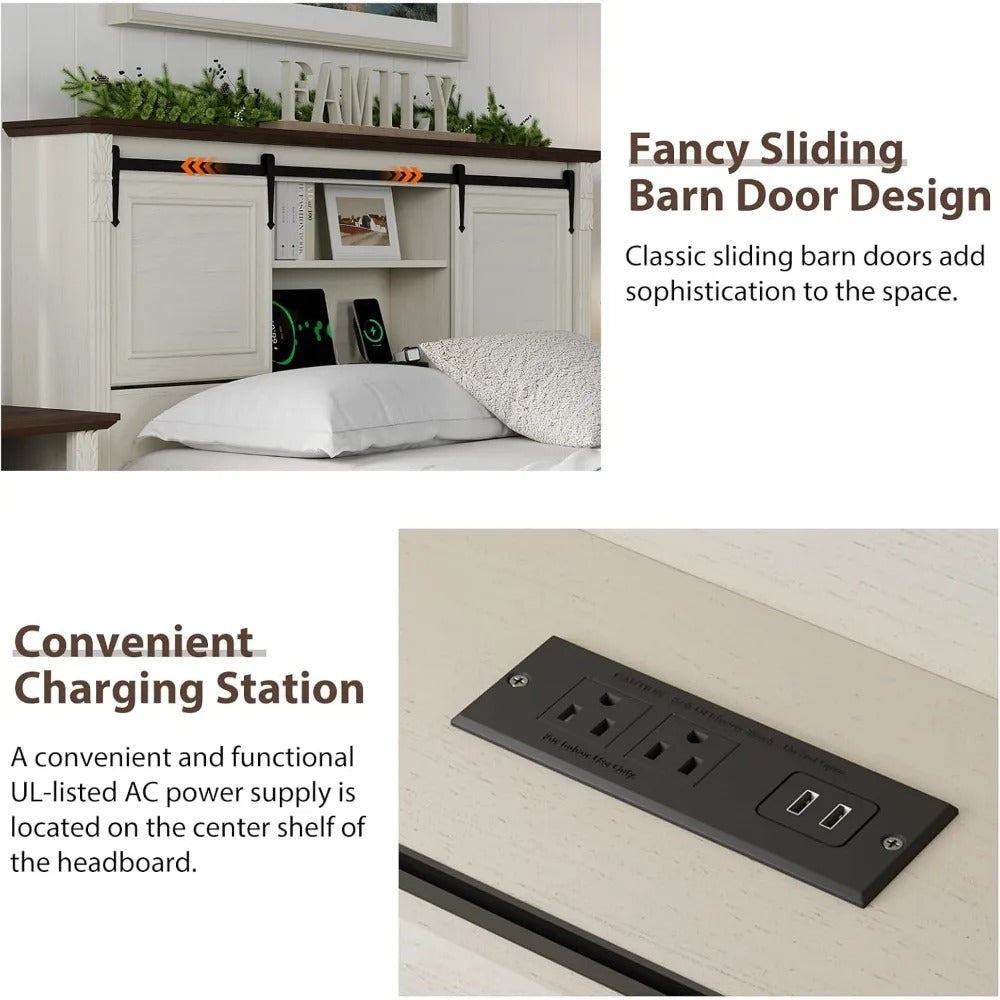 Farmhouse Queen Bed Frame with Bookcase Headboard, Storage, Charging Station & Barn Doors – Antique White Wood Platform