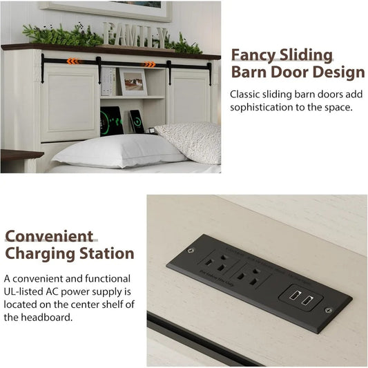 Farmhouse Queen Bed Frame with Bookcase Headboard, Storage, Charging Station & Barn Doors – Antique White Wood Platform