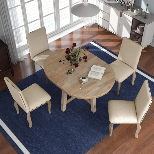 5-Piece Extendable Wood Dining Set – Round to Oval Table with 4 Cushioned Chairs, Natural Wood Wash