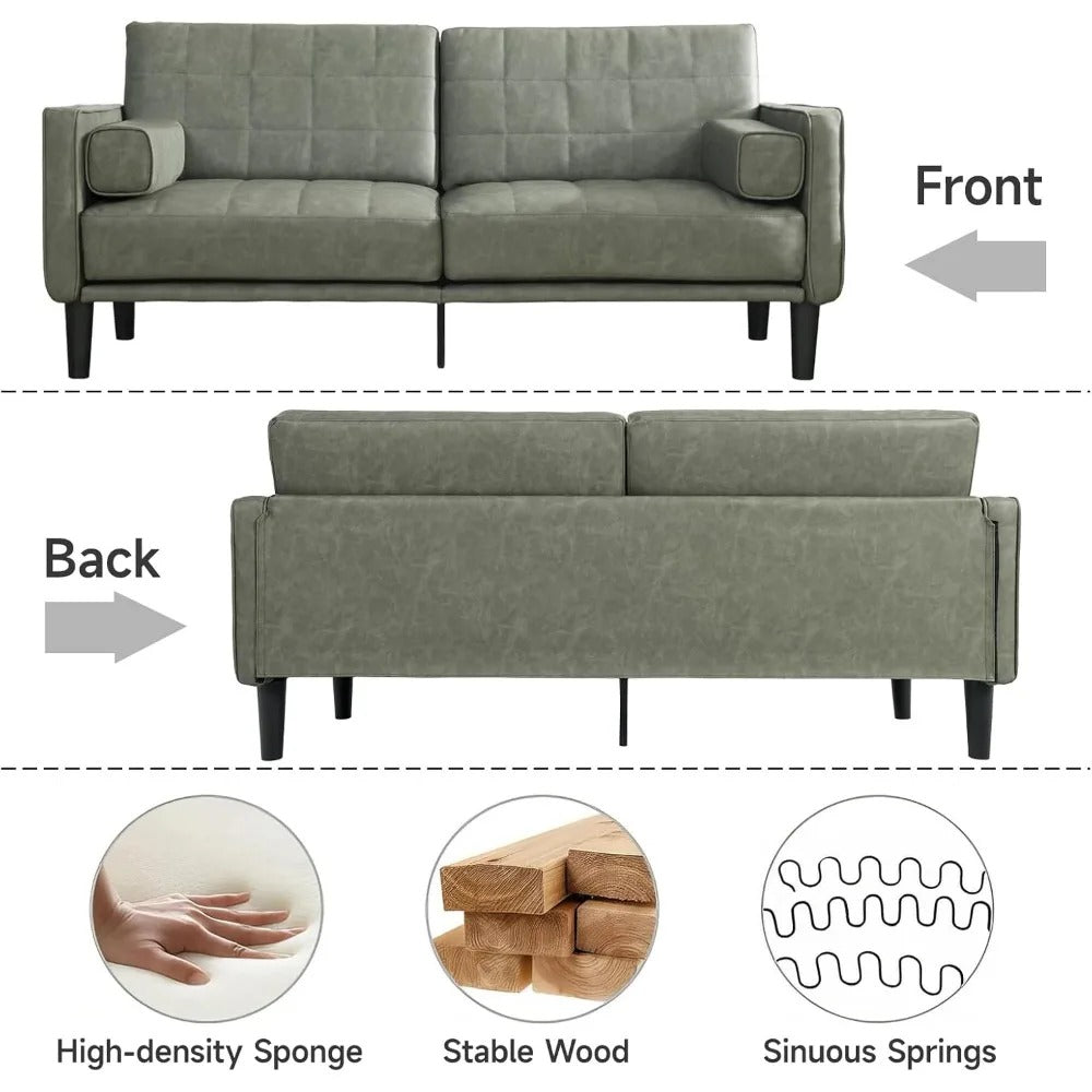 70” Mid-Century Modern Faux Leather Couch – Armless Loveseat with Cushioned Seats for Living Room or Office (Olive Green)