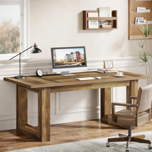 63-Inch Executive Desk – Large Modern Office Desk with Solid Wood Base, Scratch-Resistant Surface & Spacious Workstation (Brown)