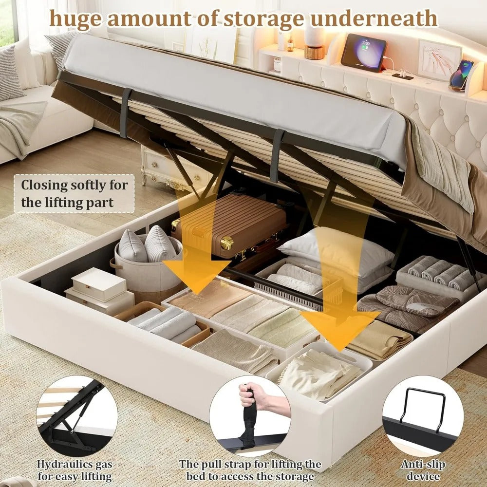 King Bed Frame with Storage, LED Lights & USB Ports – Upholstered with Lift-Up Hydraulic Design
