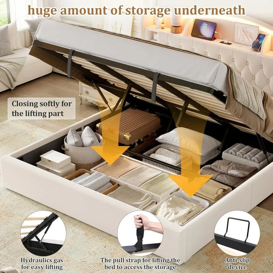 King Bed Frame with Storage, LED Lights & USB Ports – Upholstered with Lift-Up Hydraulic Design