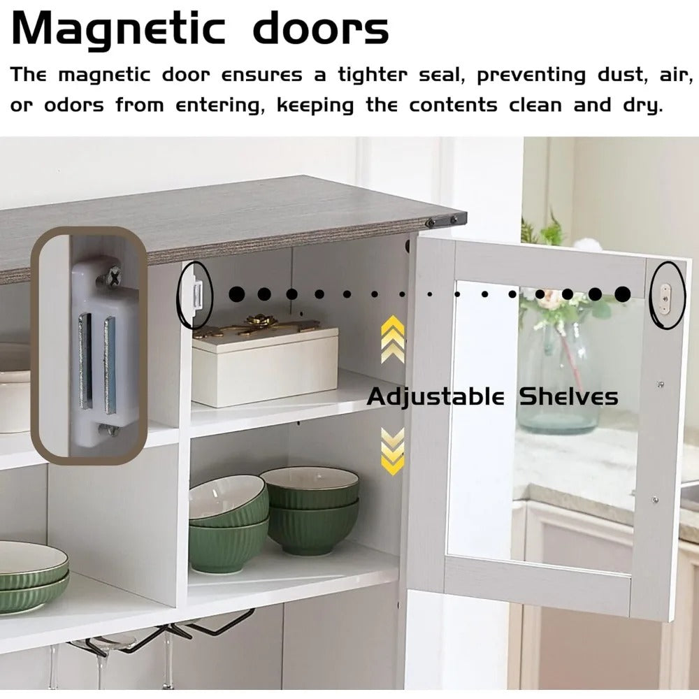 71'' Farmhouse Coffee Bar Cabinet with Sliding Barn Doors, Drawers & Wine Glass Rack – Black Kitchen Pantry & Buffet Storage Cabinet