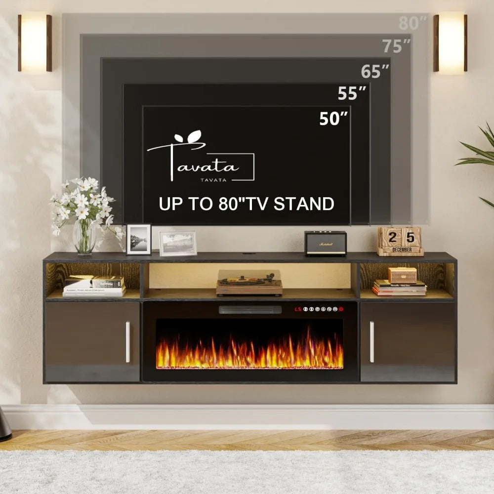 70" Wall-Mounted Floating TV Stand with 36" Electric Fireplace – Modern Entertainment Center with LED Lights & Storage Cabinets