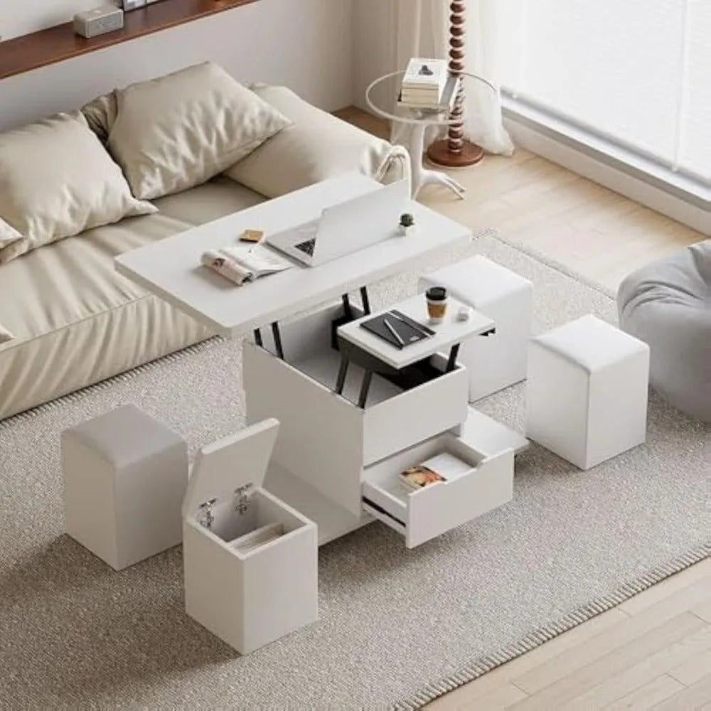 3-in-1 White Lift Top Coffee Table with Storage, Folding Dining Table & 4 Hidden Stools on Casters