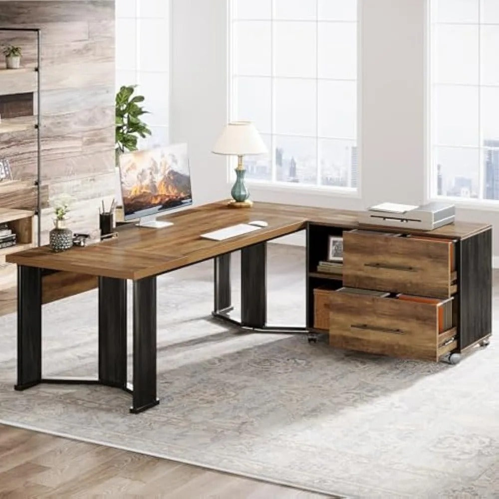 70.86" L-Shaped Executive Desk with Mobile File Cabinet – Large Computer Workstation with Drawers & Storage Shelves for Office