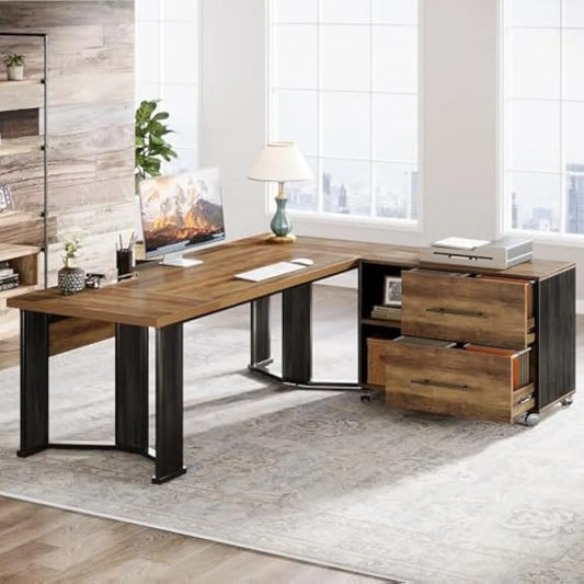 70.86" L-Shaped Executive Desk with Mobile File Cabinet – Large Computer Workstation with Drawers & Storage Shelves for Office