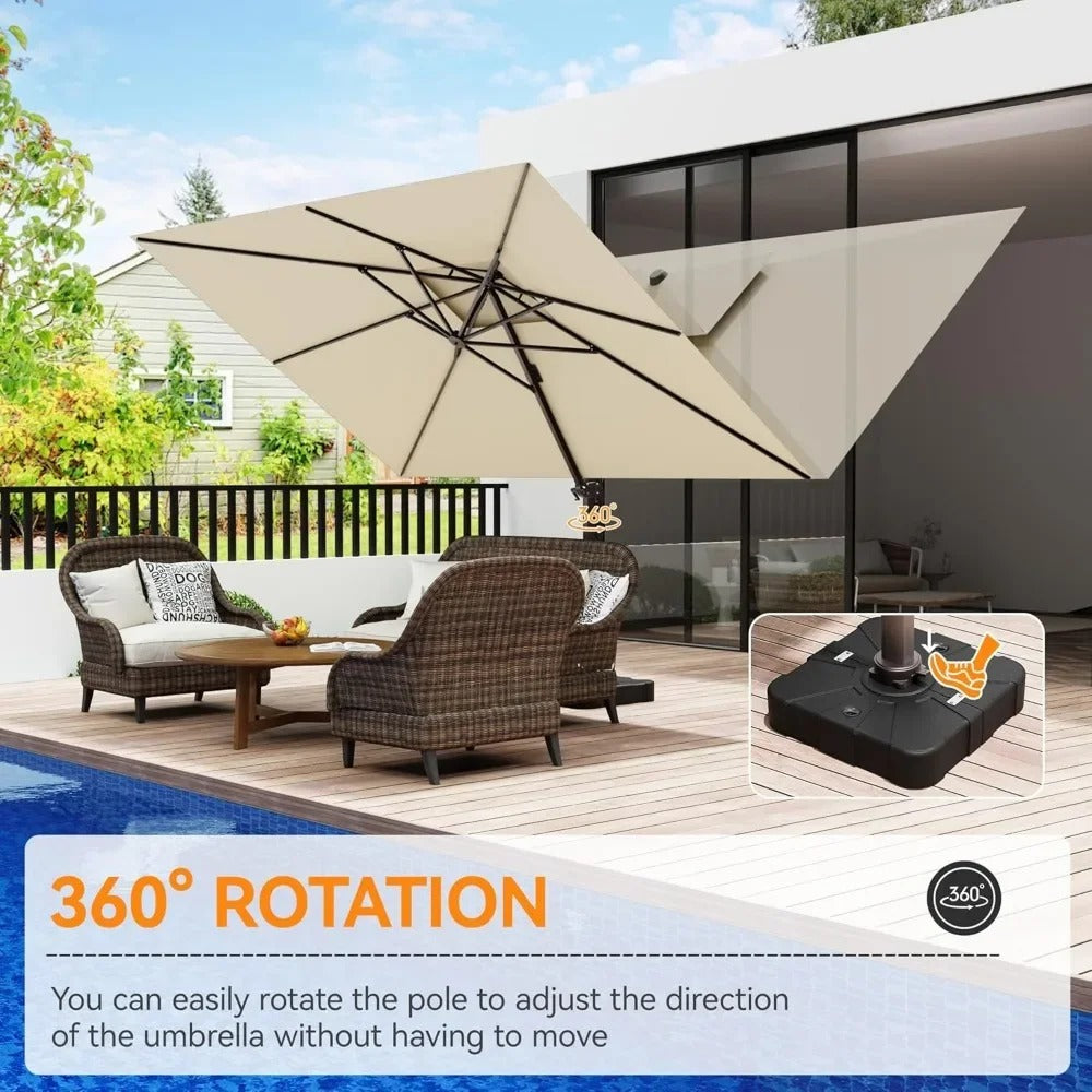 9x12 FT Rectangular Cantilever Patio Umbrella with Base – 360° Rotation, Double Top, Water & UV Resistant (Beige)