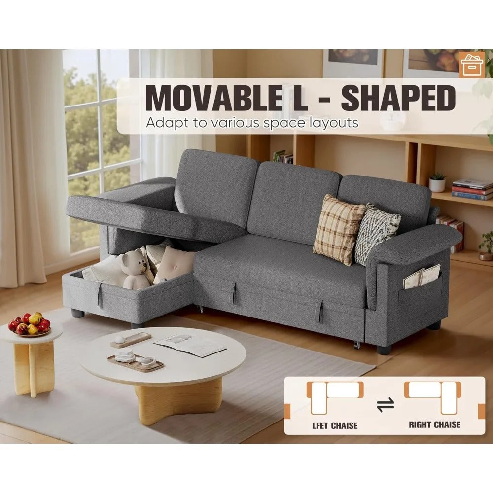 L-Shaped Sleeper Sofa with Pull-Out Bed & Storage Chaise – Space-Saving Linen Couch for Small Living Rooms