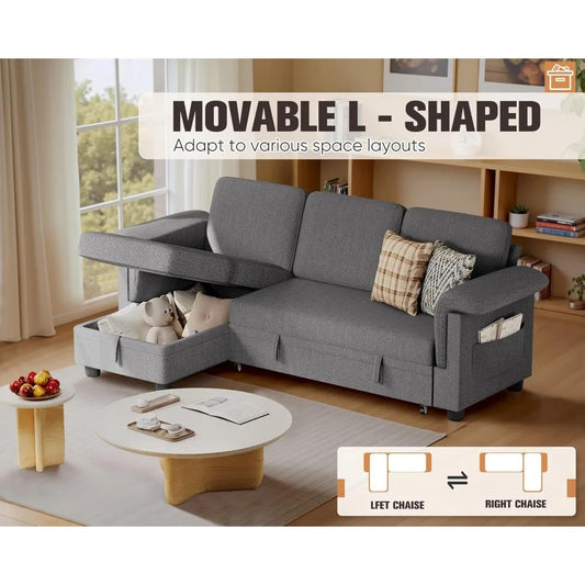 L-Shaped Sleeper Sofa with Pull-Out Bed & Storage Chaise – Space-Saving Linen Couch for Small Living Rooms