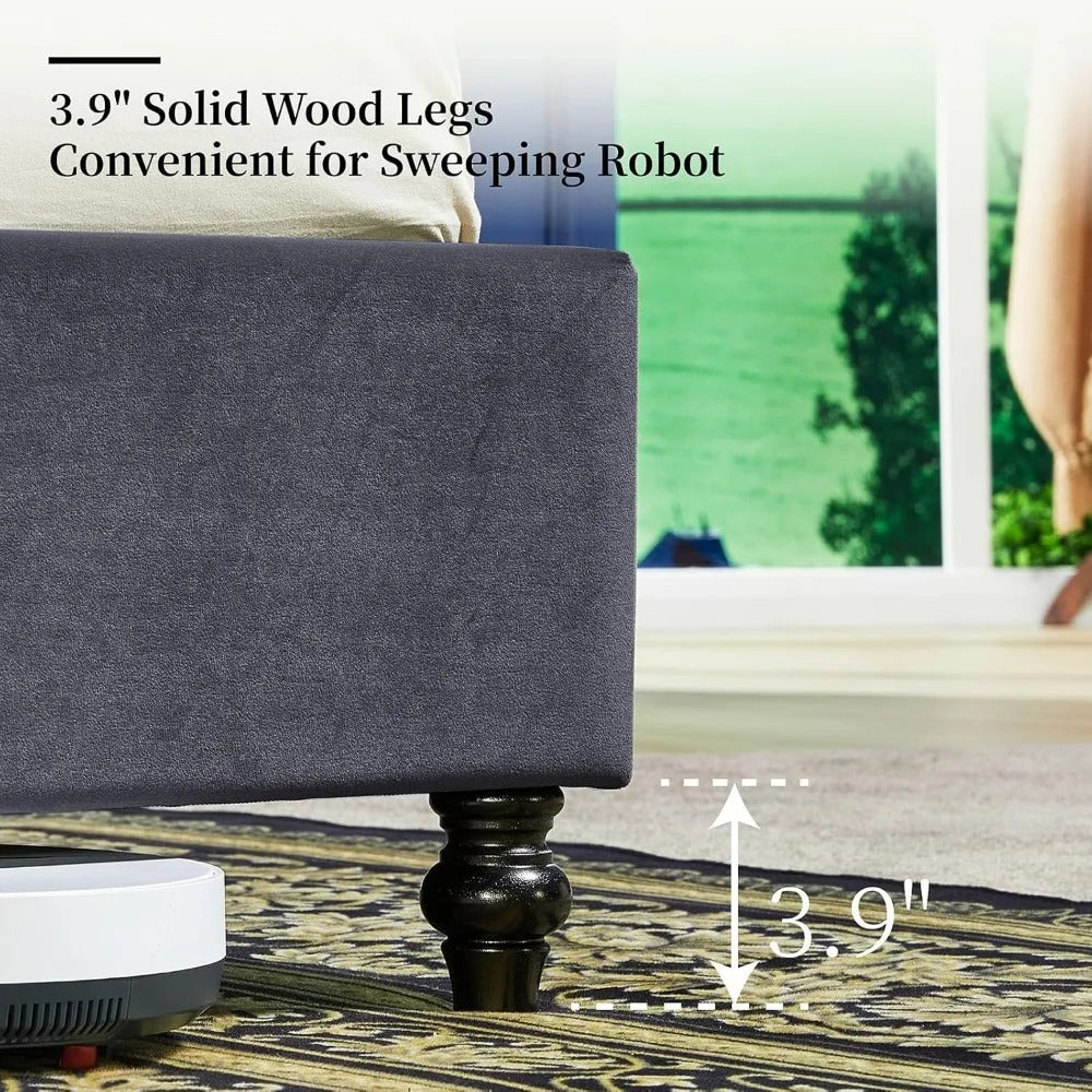 King Size Upholstered Bed Frame with 52.8" Tufted Headboard – Velvet Fabric, No Box Spring Needed, Squeak-Resistant, Dark Grey