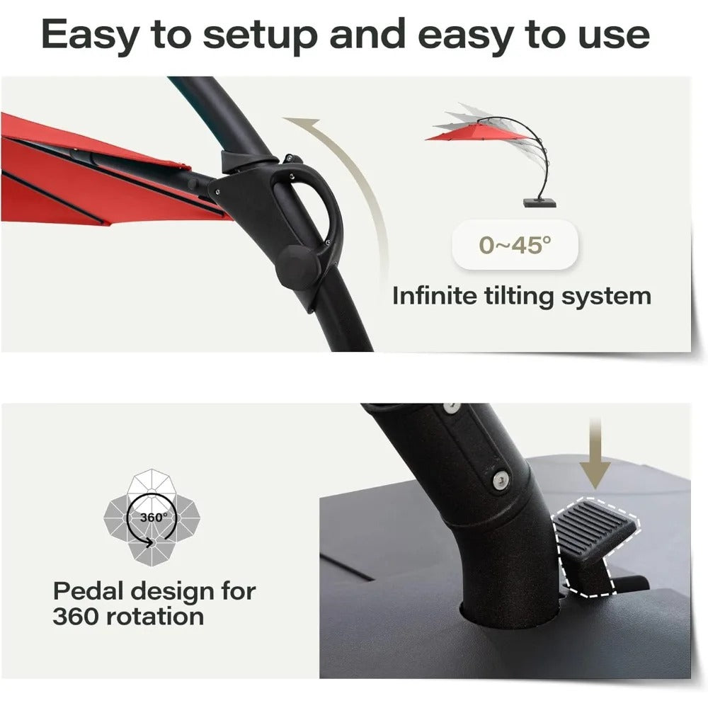 11 FT Cantilever Patio Umbrella with Base – 360° Rotating Offset Umbrella, Heavy-Duty UV & Water-Resistant Fabric, Red