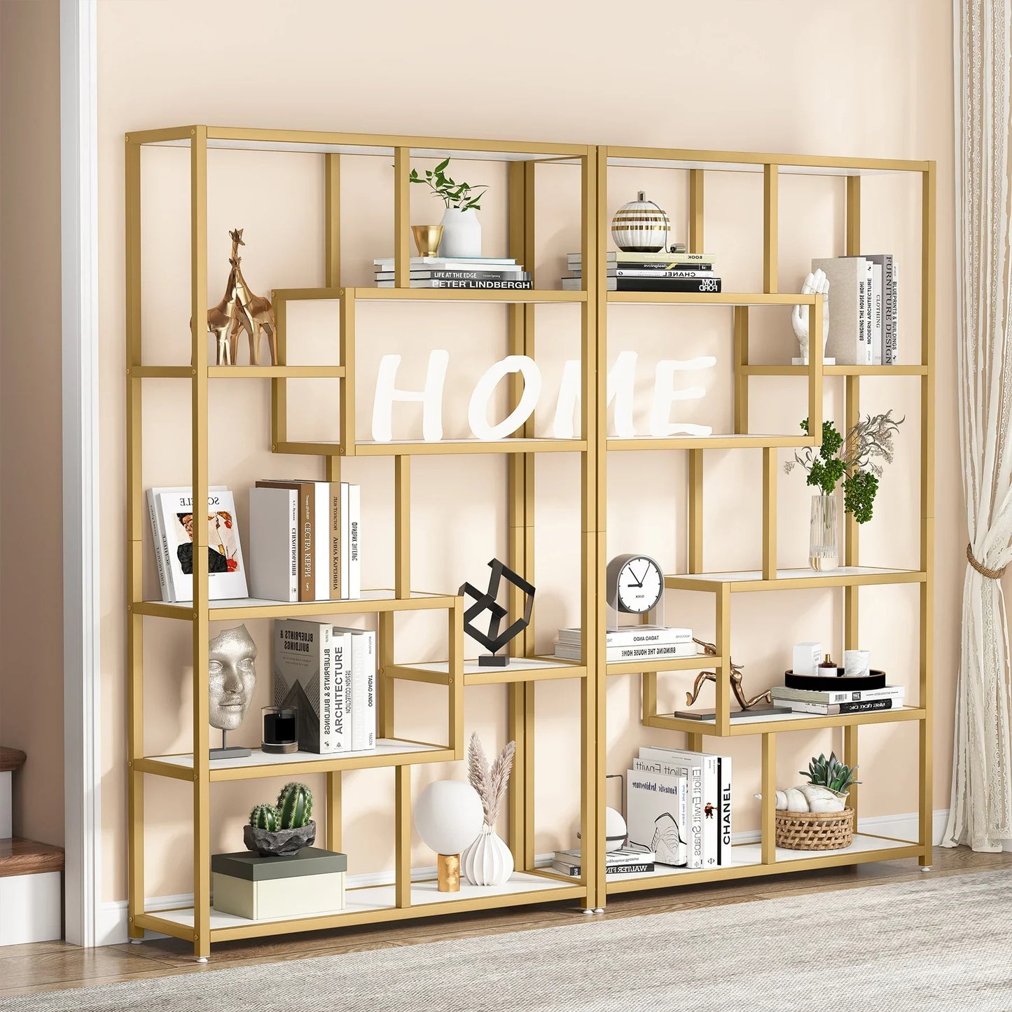 Modern Gold Display Bookshelf with Faux Marble – 8 Open Shelves Geometric Etagere for Living Room or Office