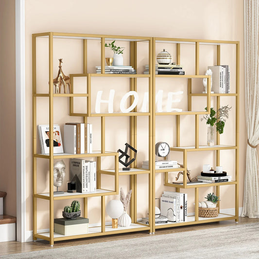 Modern Gold Display Bookshelf with Faux Marble – 8 Open Shelves Geometric Etagere for Living Room or Office