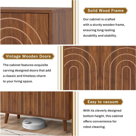 63" Modern Walnut Sideboard Cabinet – Set of 2 Decorative Storage Buffets with Carved Detail