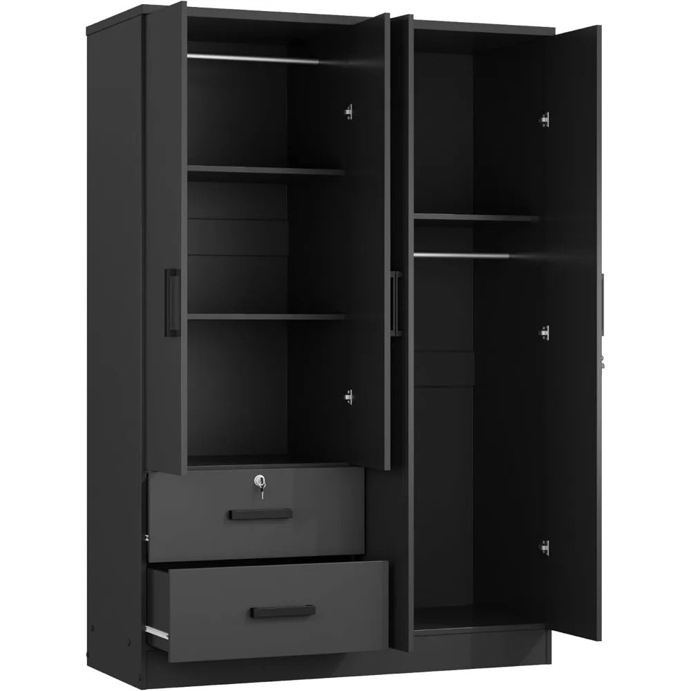 72" Black 4-Door Wardrobe with Lockable Storage, Hanging Rod & 2 Drawers – Modern Closet Organizer