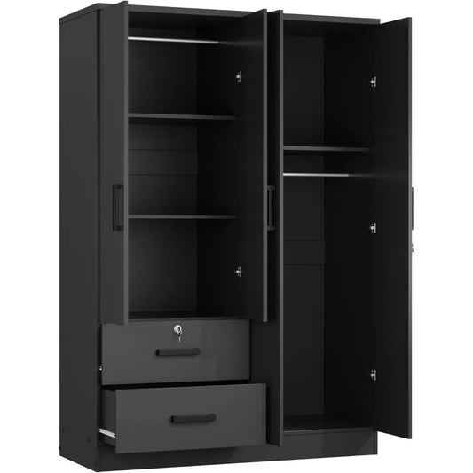 72" Black 4-Door Wardrobe with Lockable Storage, Hanging Rod & 2 Drawers – Modern Closet Organizer