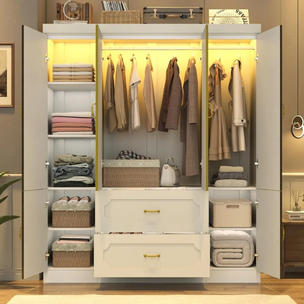 75" Freestanding 4-Door LED Wardrobe Armoire with Mirrors & Drawers – White Closet with RGB Lights, Adjustable Shelves & Hanging Space