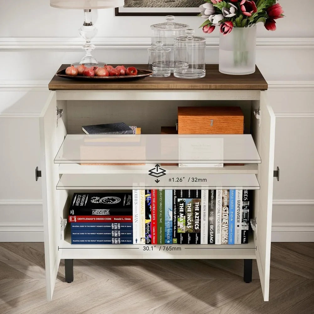 Farmhouse Buffet Sideboard Cabinet – 94” Antique White Storage Credenza with Adjustable Shelves, 6 Doors for Kitchen, Coffee Bar, or Living Room