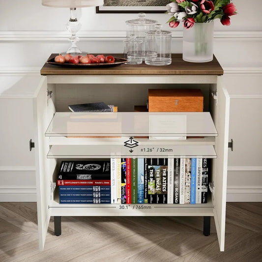 Farmhouse Buffet Sideboard Cabinet – 94” Antique White Storage Credenza with Adjustable Shelves, 6 Doors for Kitchen, Coffee Bar, or Living Room